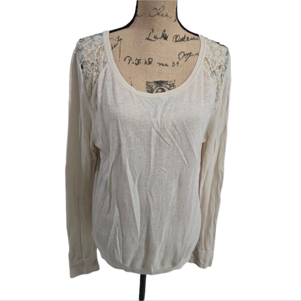 Loft Beige Linen Blend Lightweight Lace Trimmed Sweater Size XL